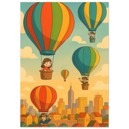 Barn: Whimsical Hot Air Balloon Cityscape Art Print – Elevate Your Space with Retro Charm
