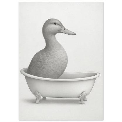 Charming Duck in Bathtub Pencil Sketch Art Print – Whimsical Wall Decor in Various Sizes