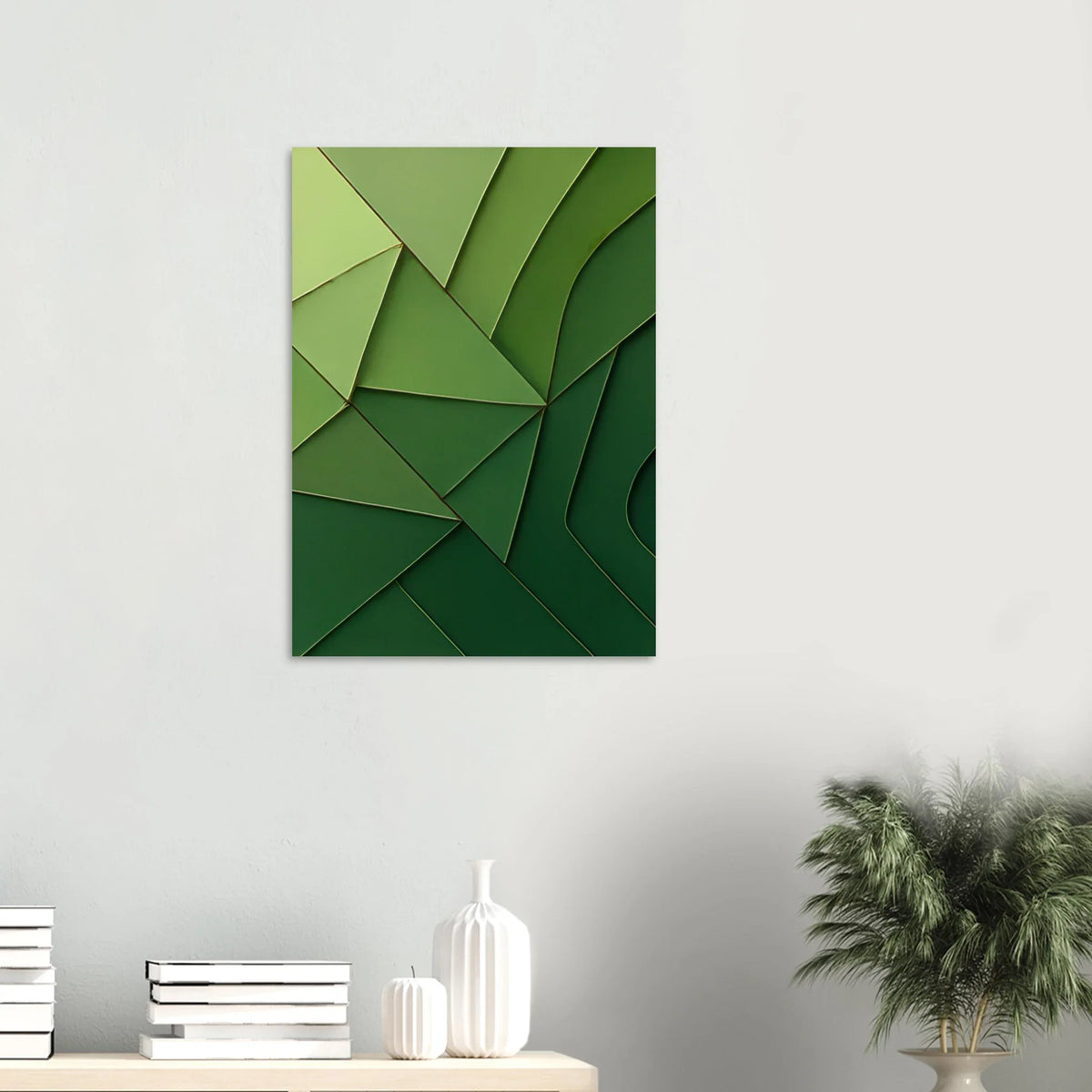 Abstrakt Minimalistisk Grön Geometri Konsttryck – Väggkonst i Nyanser av Skog och Limegrön