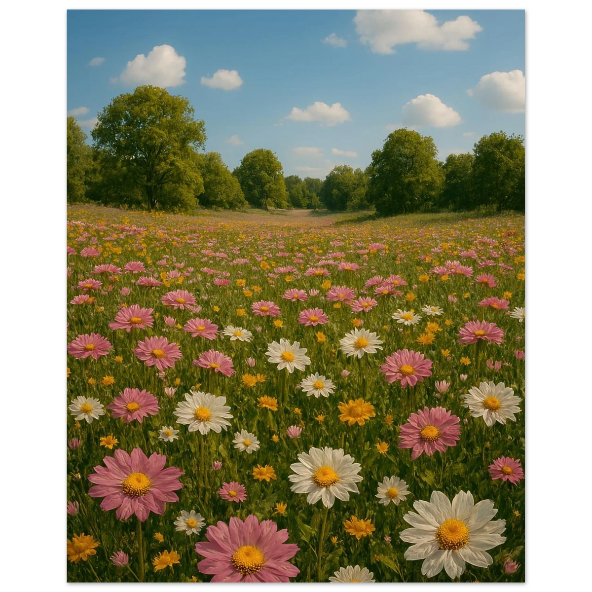 Vibrant Summer Meadow Poster – Pink & White Daisies in Bloom, Multiple Sizes Available