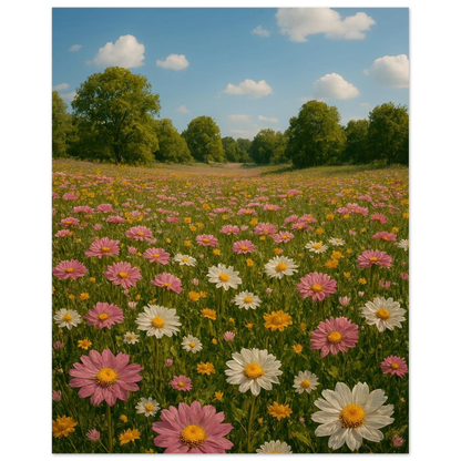 Vibrant Summer Meadow Poster – Pink & White Daisies in Bloom, Multiple Sizes Available