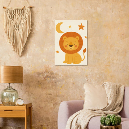 Sleepy Lion Cub Poster - Whimsical Nursery Art in Warm Gold & Orange Hues