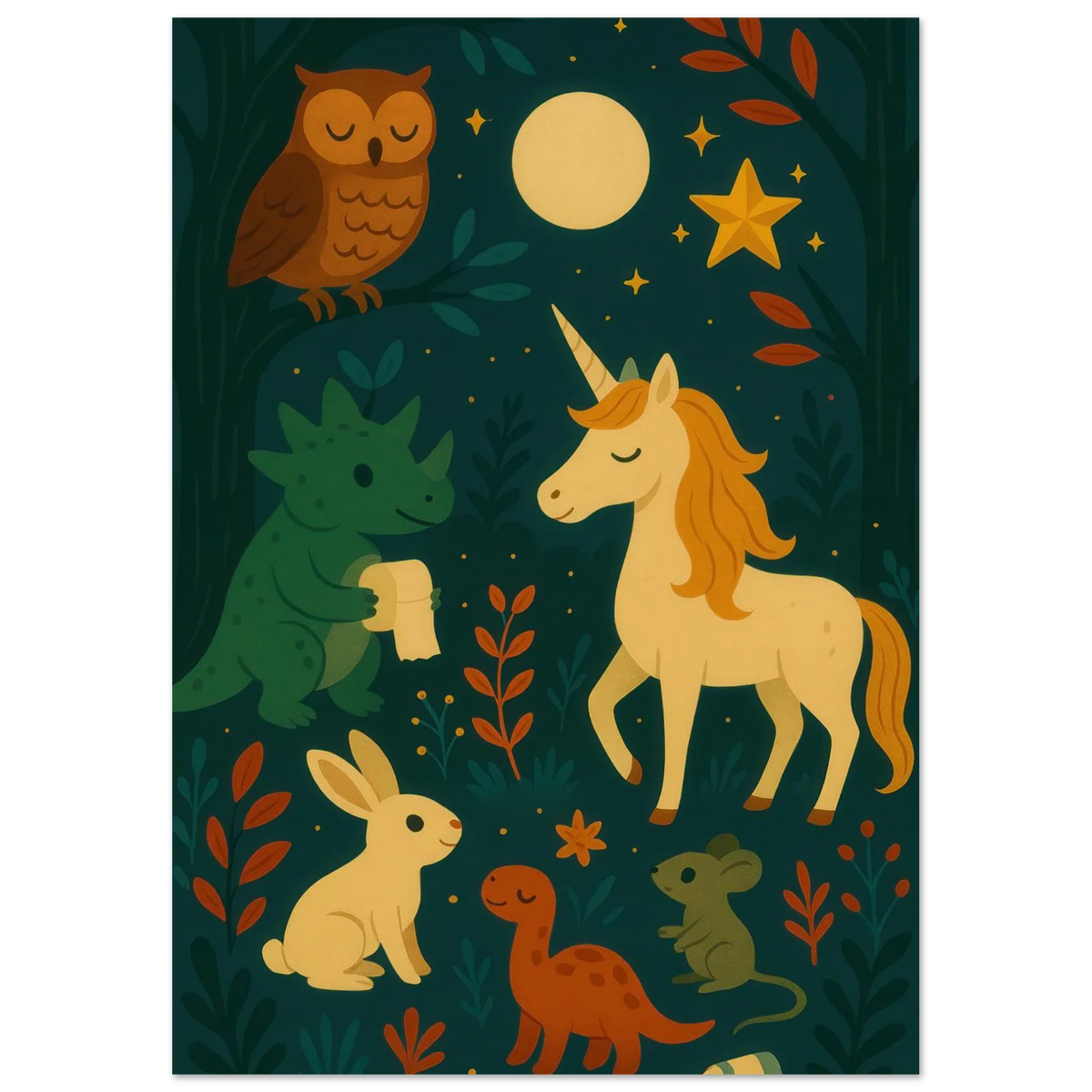 Magical Forest Friends Art Print – Whimsical Woodland Decor for Nursery & Kids' Rooms