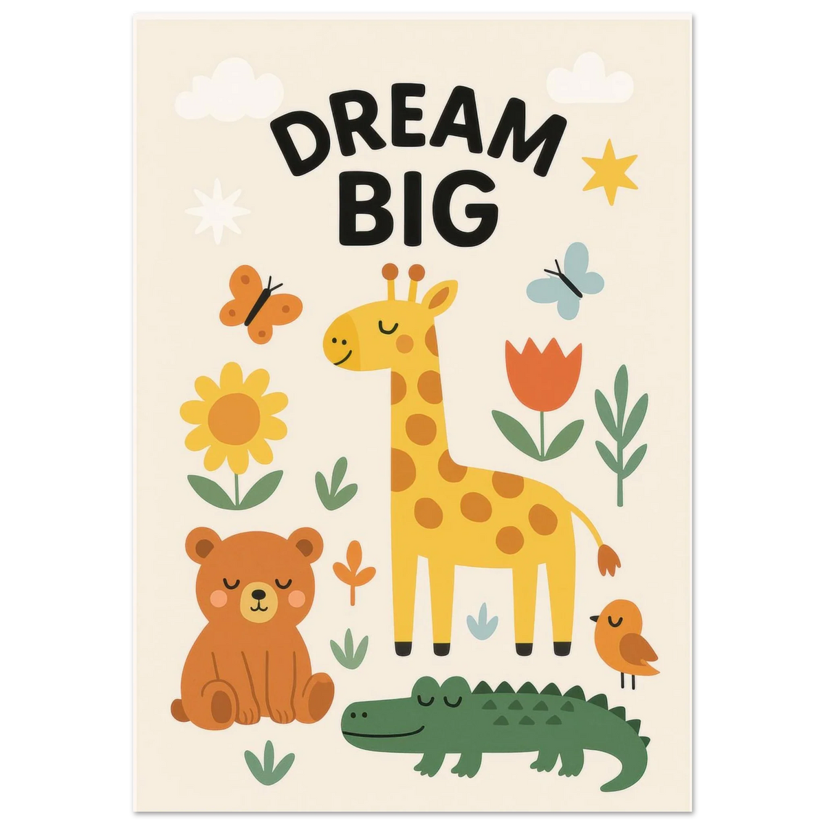 Safari Friends 'Dream Big' Kids Poster - Adorable Nursery Wall Art in Multiple Sizes