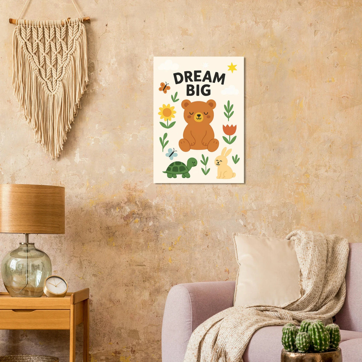 Dream Big Forest Friends Poster: Adorable Bear, Rabbit & Turtle Art Print for Kids' Rooms