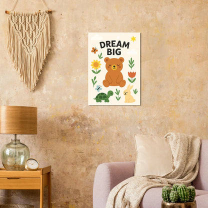 Dream Big Forest Friends Poster: Adorable Bear, Rabbit & Turtle Art Print for Kids' Rooms