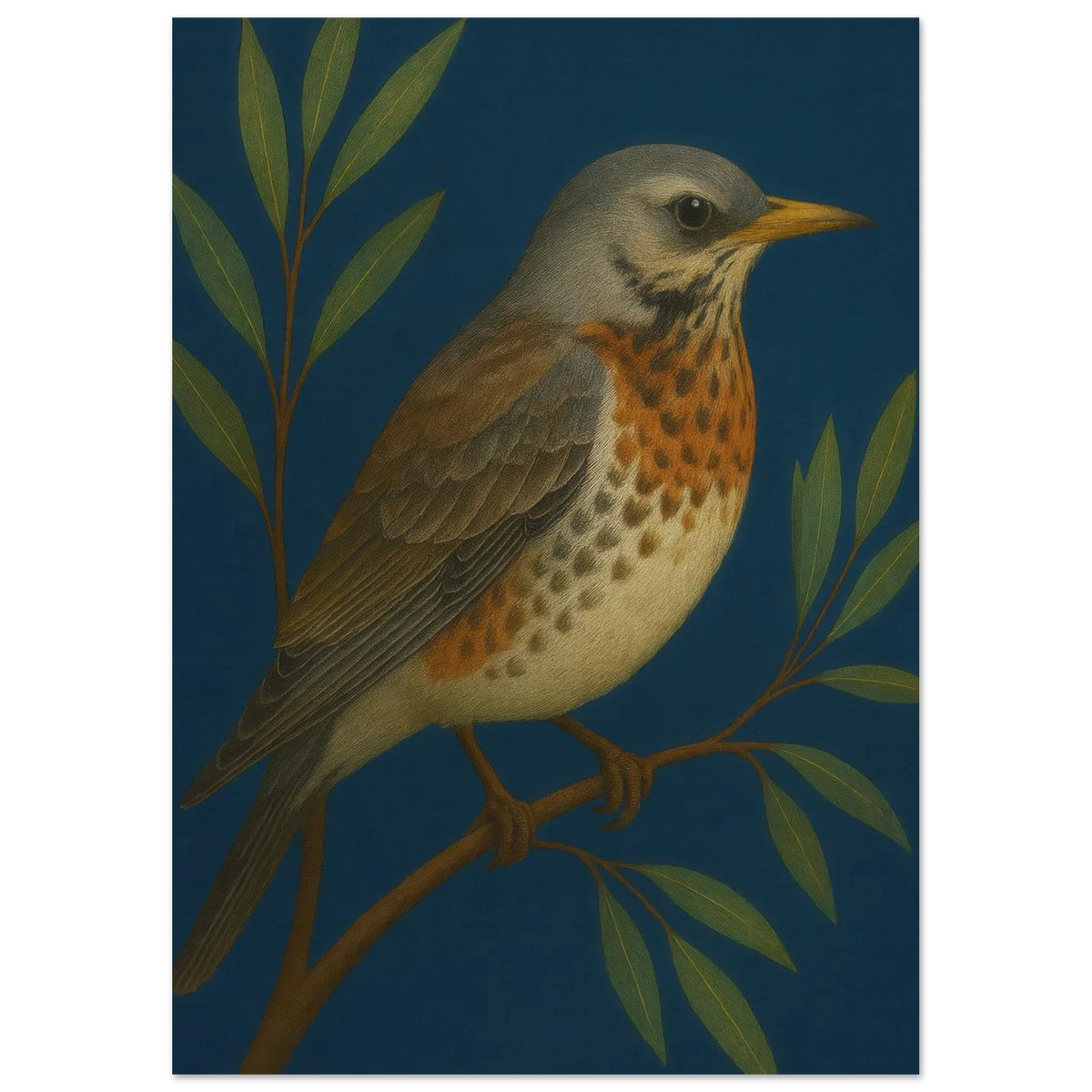 Fieldfare Bird on Branch Art Print – Vibrant Woodland Wildlife Wall Decor for Nature Lovers, in Various Sizes