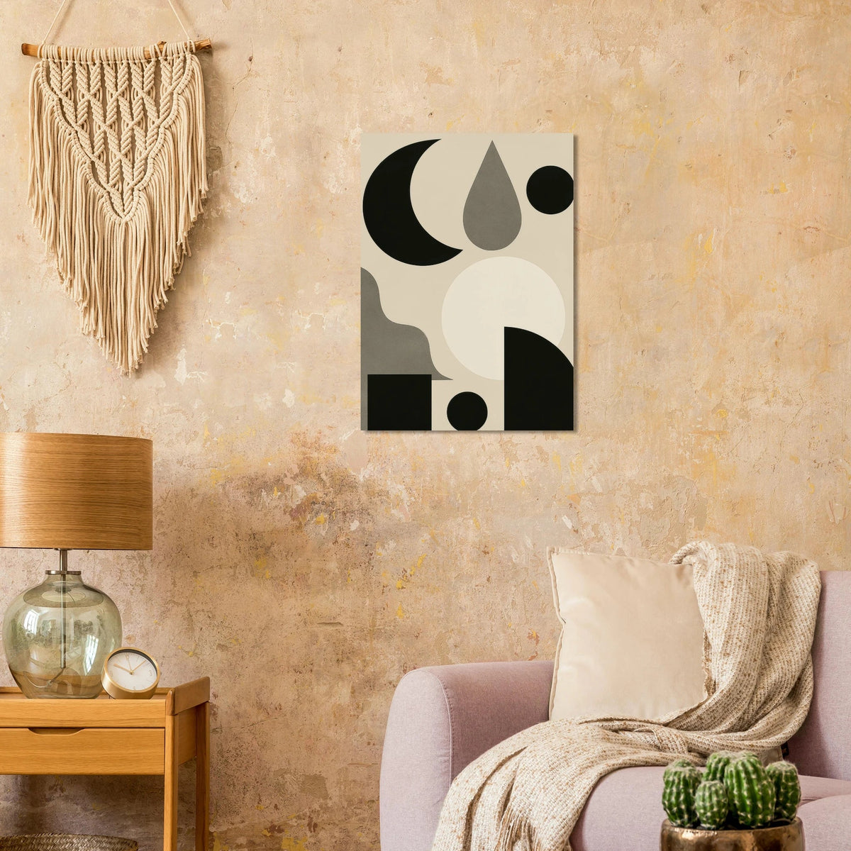 Abstract Moon & Shapes Art Print – Minimalist Black & Greige Poster