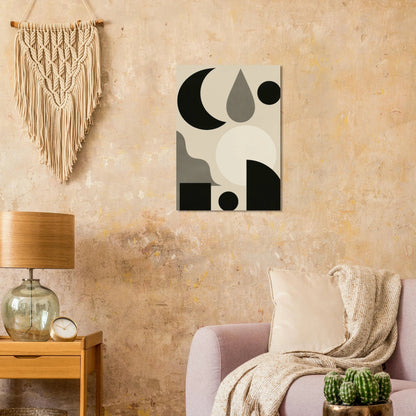 Abstract Moon & Shapes Art Print – Minimalist Black & Greige Poster