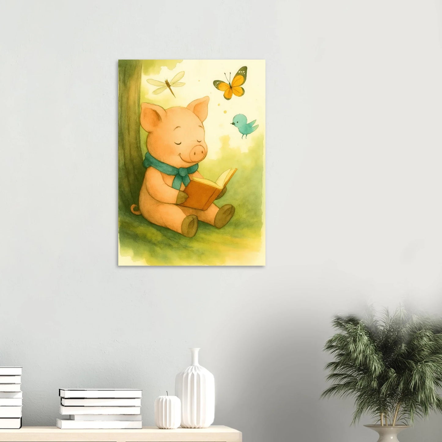 Little Reader Pig: Enchanting Watercolor Art Print for Cozy Spaces
