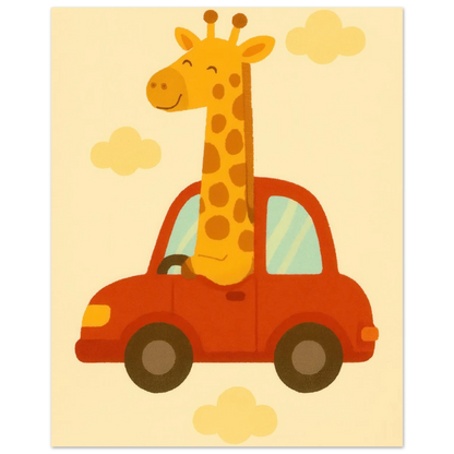 Giraff på Bil – Charmig Barnrumsaffisch