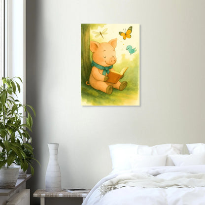 Little Reader Pig: Enchanting Watercolor Art Print for Cozy Spaces