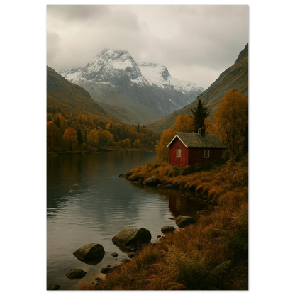 Red Cabin by the Lake: A Serene Autumn Mountain Landscape Poster