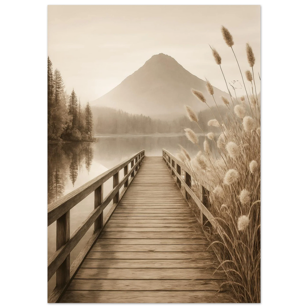 Misty Mountain Lake Dock Poster - Serene Sepia Landscape Art Print