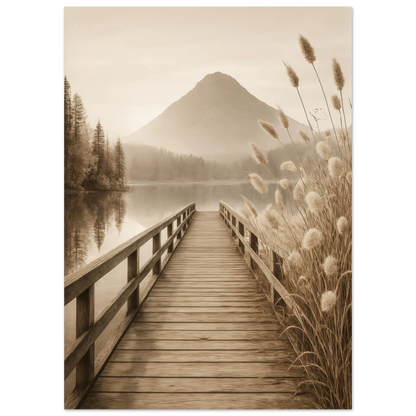 Misty Mountain Lake Dock Poster - Serene Sepia Landscape Art Print