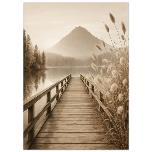 Misty Mountain Lake Dock Poster - Serene Sepia Landscape Art Print