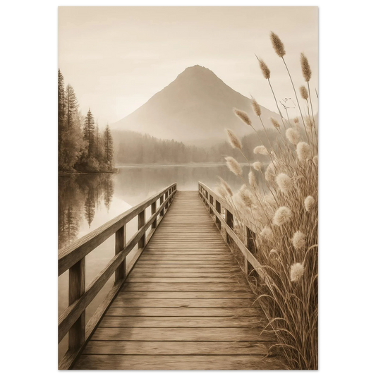 Misty Mountain Lake Dock Poster - Serene Sepia Landscape Art Print