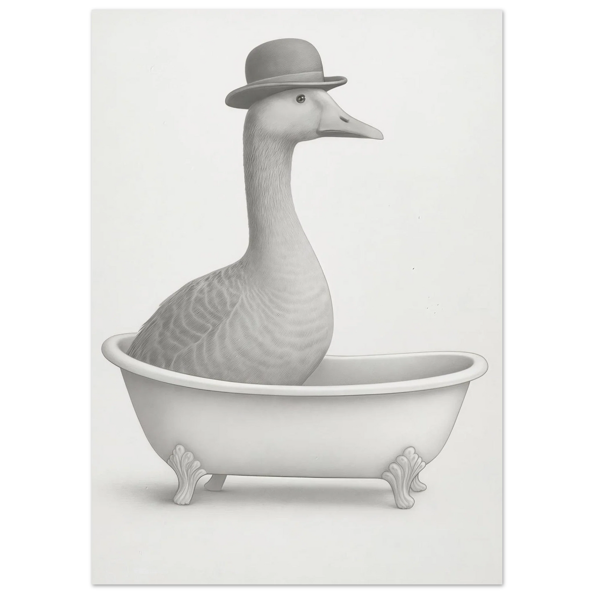 Humorous Bowler Hat Duck in Bathtub Art Print – Whimsical, Unique Home Decor