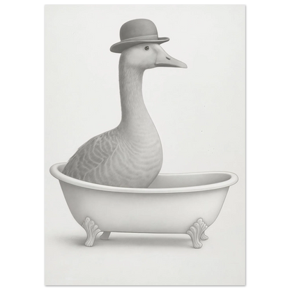 Humorous Bowler Hat Duck in Bathtub Art Print – Whimsical, Unique Home Decor