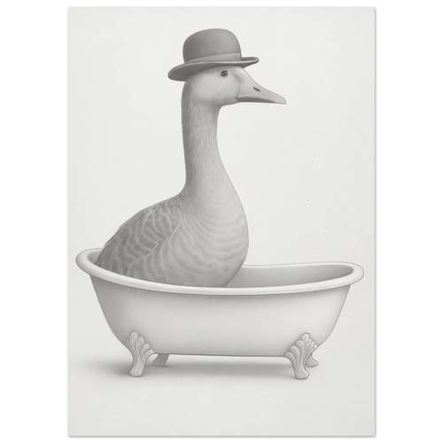 Humorous Bowler Hat Duck in Bathtub Art Print – Whimsical, Unique Home Decor