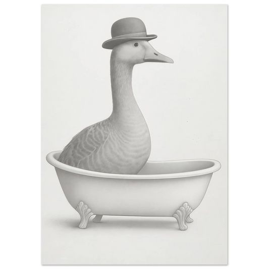 Humorous Bowler Hat Duck in Bathtub Art Print – Whimsical, Unique Home Decor