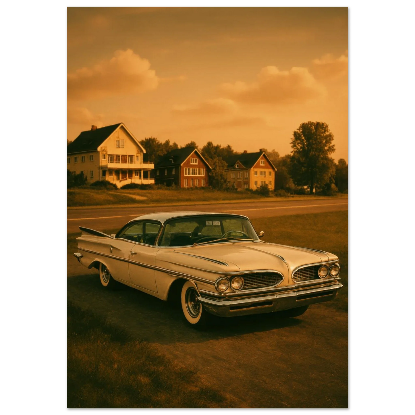 Retro Sunset Drive Poster - Vintage Car Art Print in Warm Sepia Tones, Available in 29 Sizes