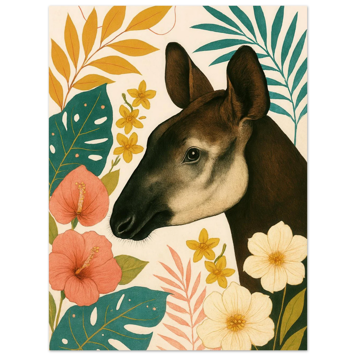 Djur: Okapi i Tropisk Flora Konsttryck - Halvblank Premium Affisch i Flera Storlekar