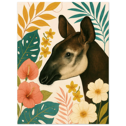 Djur: Okapi i Tropisk Flora Konsttryck - Halvblank Premium Affisch i Flera Storlekar