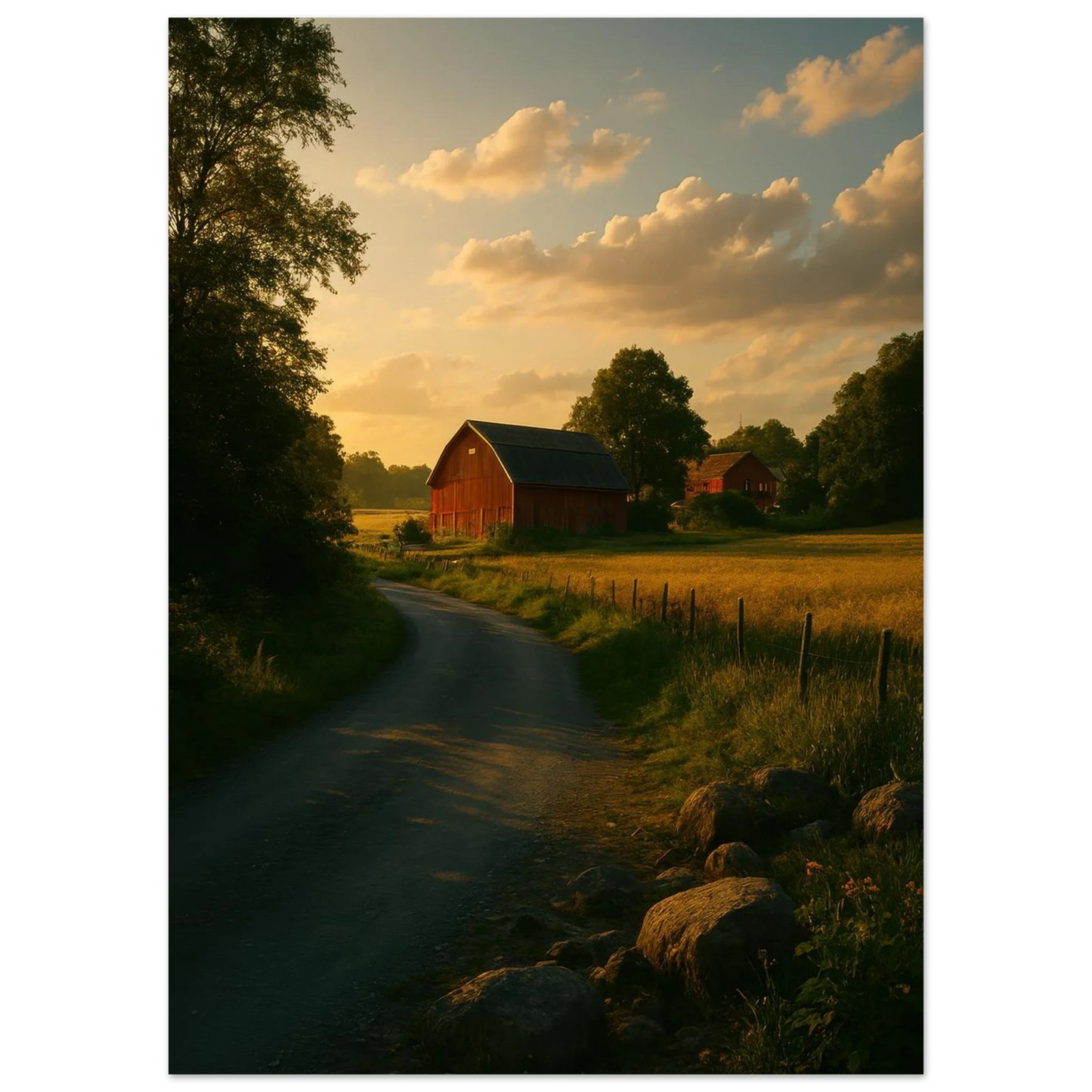 Golden Hour Farm Road Poster - Serene Rural Landscape Print for Your Home