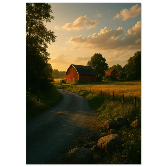 Golden Hour Farm Road Poster - Serene Rural Landscape Print for Your Home