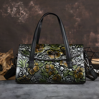 Embossed Floral Leather Shoulder Bag