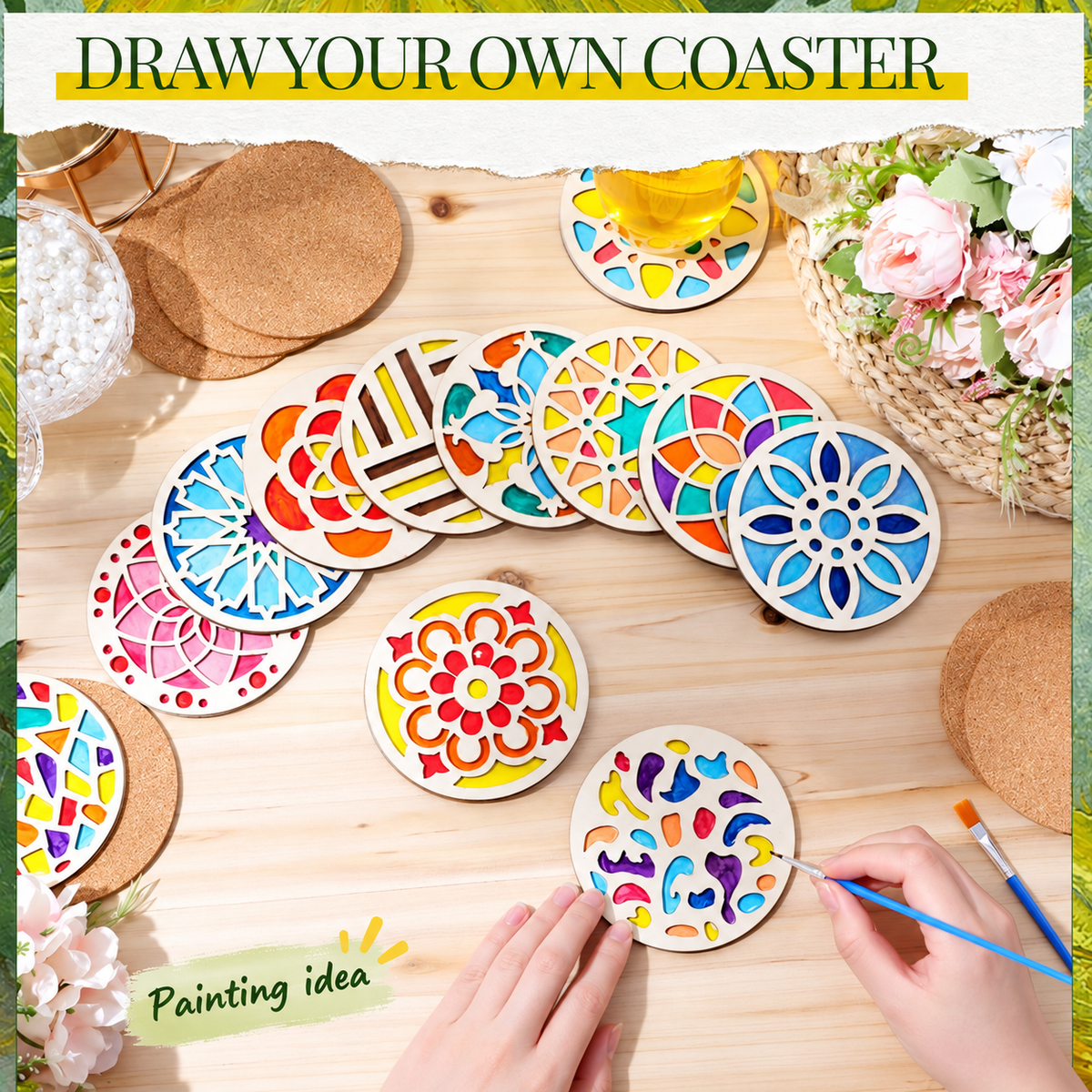Double-Layer Wooden Coaster Painting Set