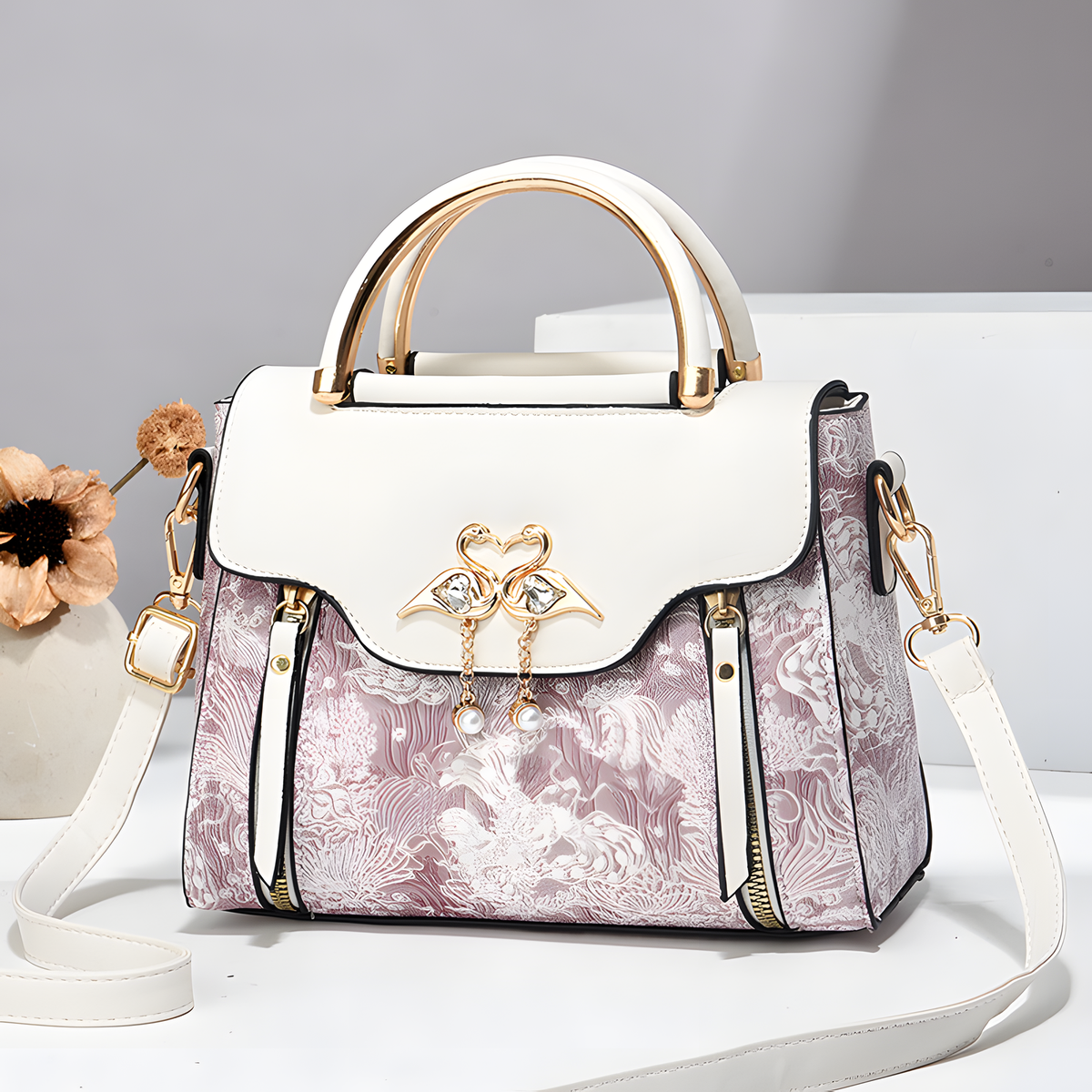Bird-Charm Printed Shoulder Bag