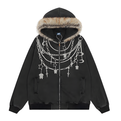 Plush-Collar Hooded Jacket