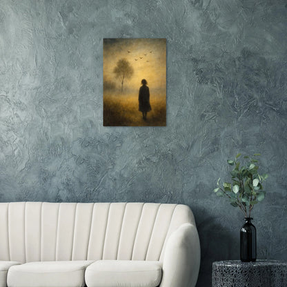 Mystical Dawn Journey Art Print – Ethereal Landscape Poster with Solitary Figure and Birds