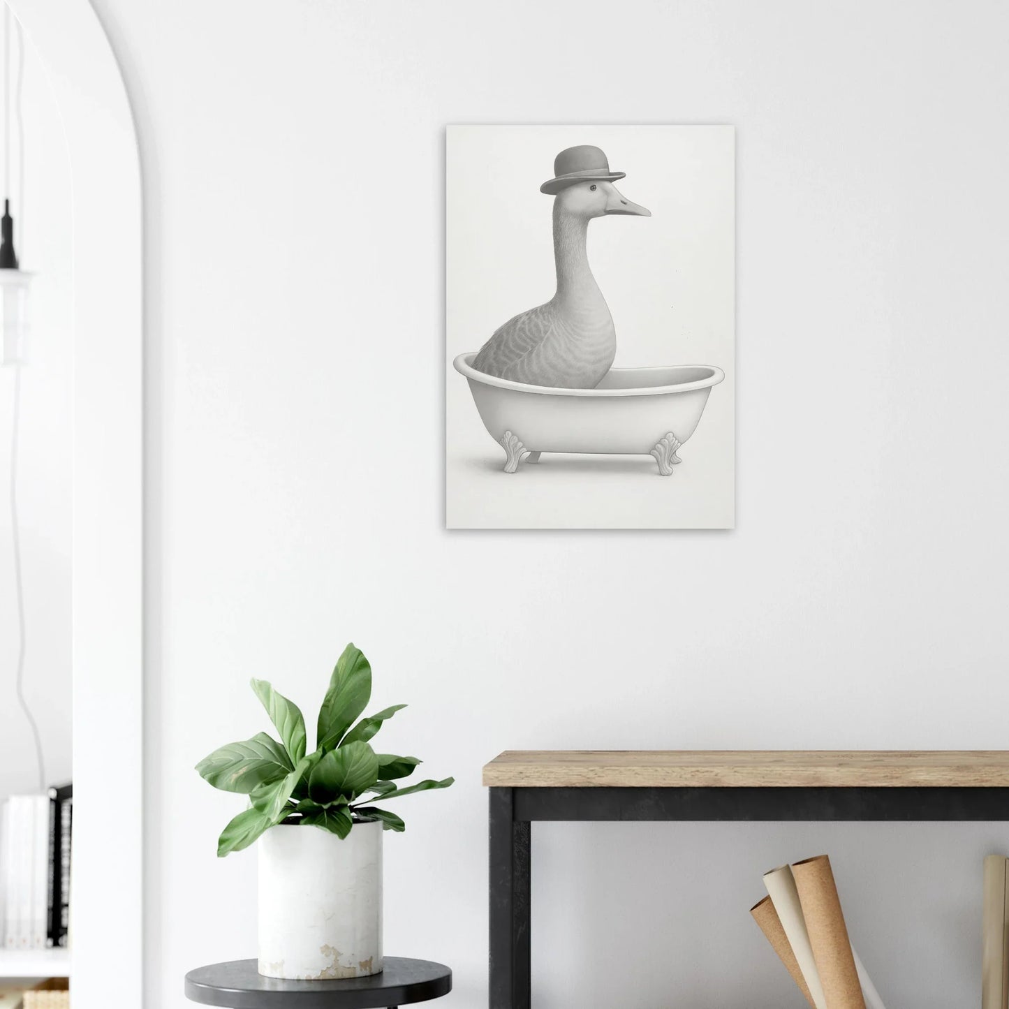 Humorous Bowler Hat Duck in Bathtub Art Print – Whimsical, Unique Home Decor