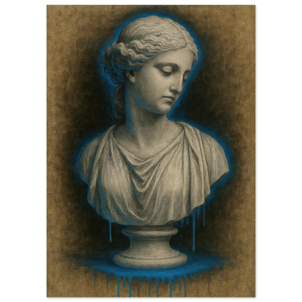 Neon Blue Aura Goddess Bust Poster - Modern Renaissance Wall Art Print