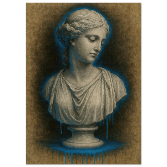 Neon Blue Aura Goddess Bust Poster - Modern Renaissance Wall Art Print