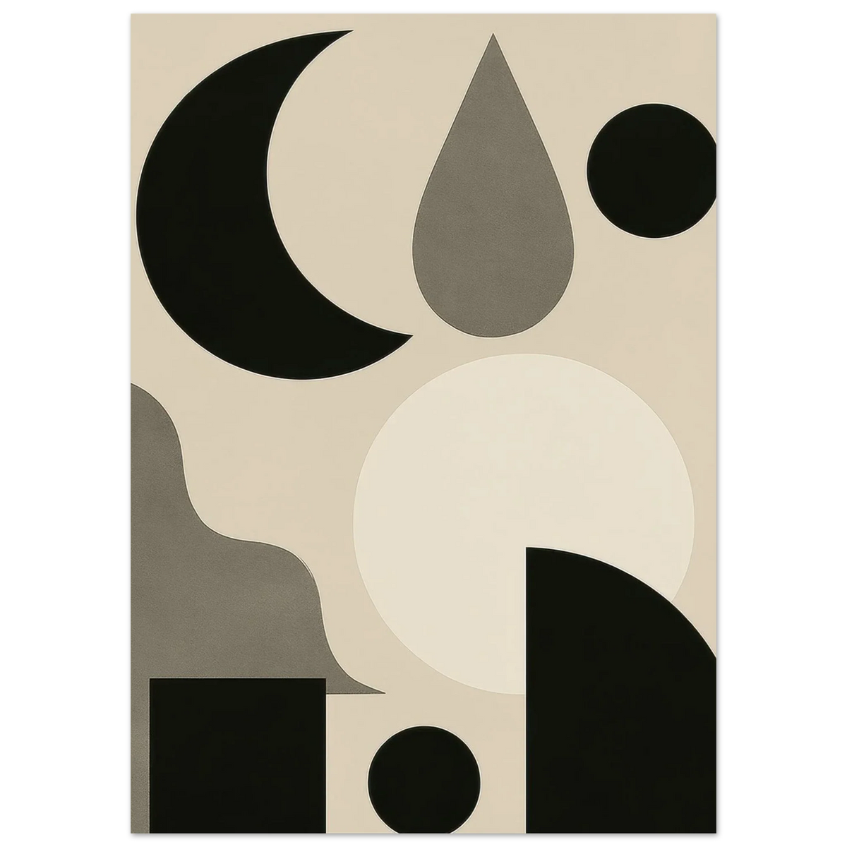 Abstract Moon & Shapes Art Print – Minimalist Black & Greige Poster
