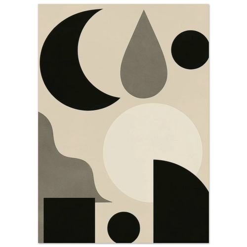 Abstract Moon & Shapes Art Print – Minimalist Black & Greige Poster