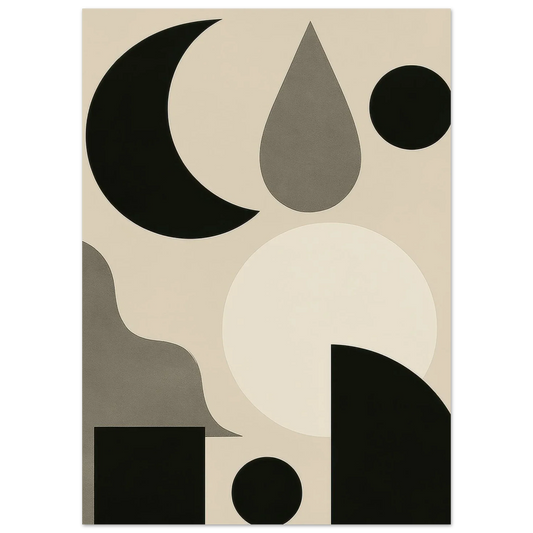 Abstract Moon & Shapes Art Print – Minimalist Black & Greige Poster