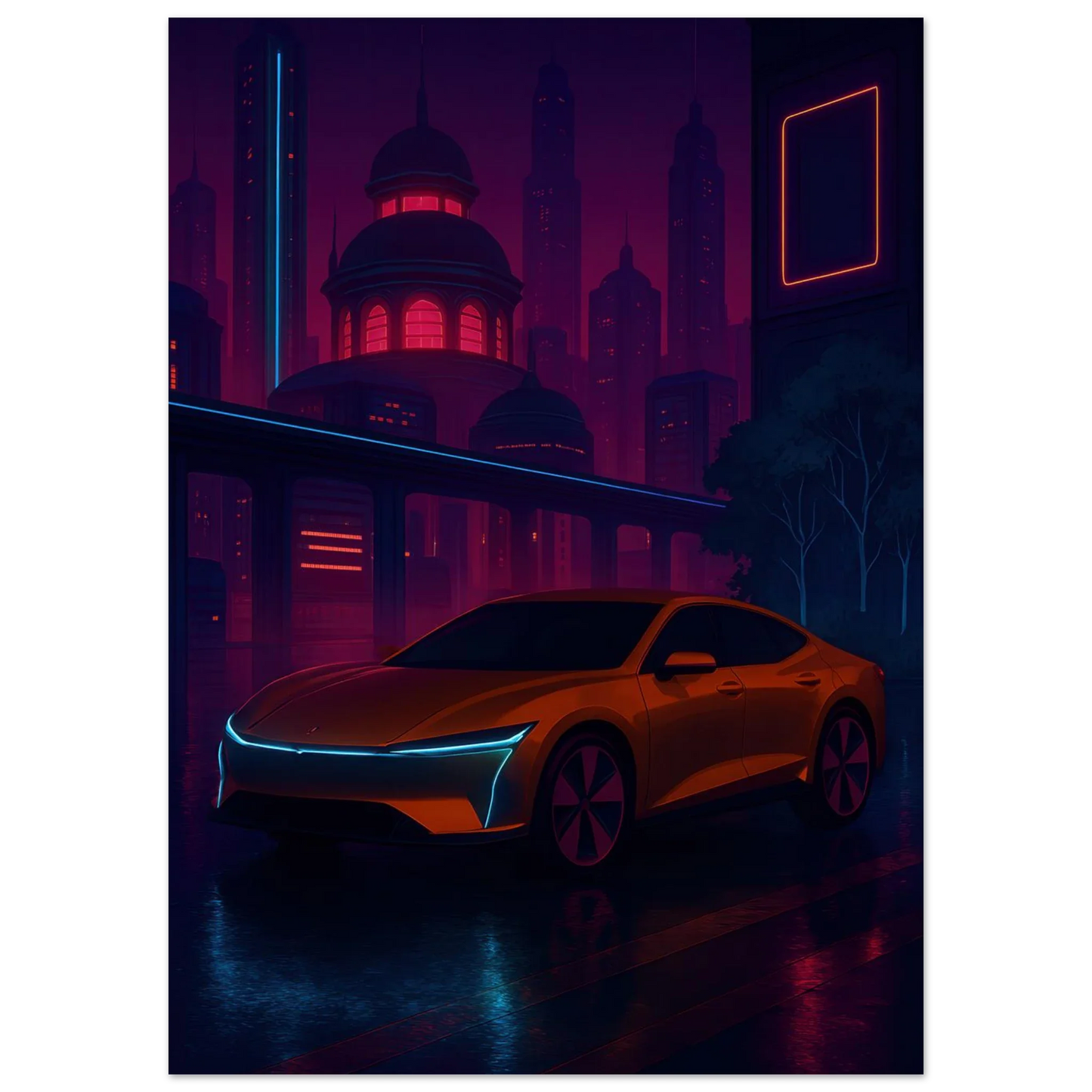 Neon Nightdrive: Futuristisk Bil i Cyberpunk Stadsbild Affisch – Konstavtryck med Livfulla Färger
