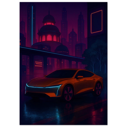 Neon Nightdrive: Futuristisk Bil i Cyberpunk Stadsbild Affisch – Konstavtryck med Livfulla Färger