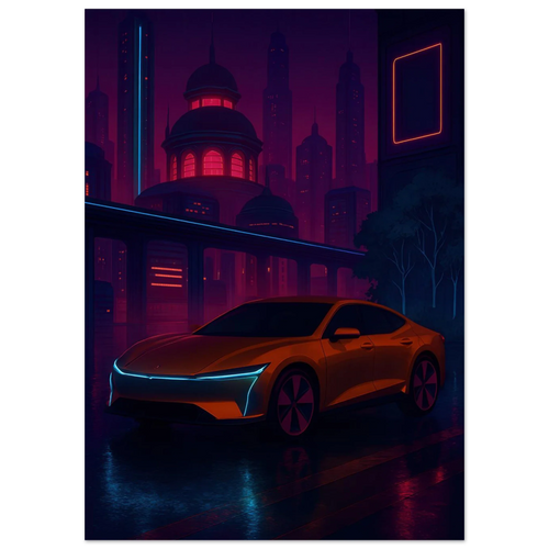 Neon Nightdrive: Futuristisk Bil i Cyberpunk Stadsbild Affisch – Konstavtryck med Livfulla Färger
