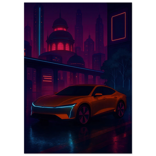 Neon Nightdrive: Futuristisk Bil i Cyberpunk Stadsbild Affisch – Konstavtryck med Livfulla Färger