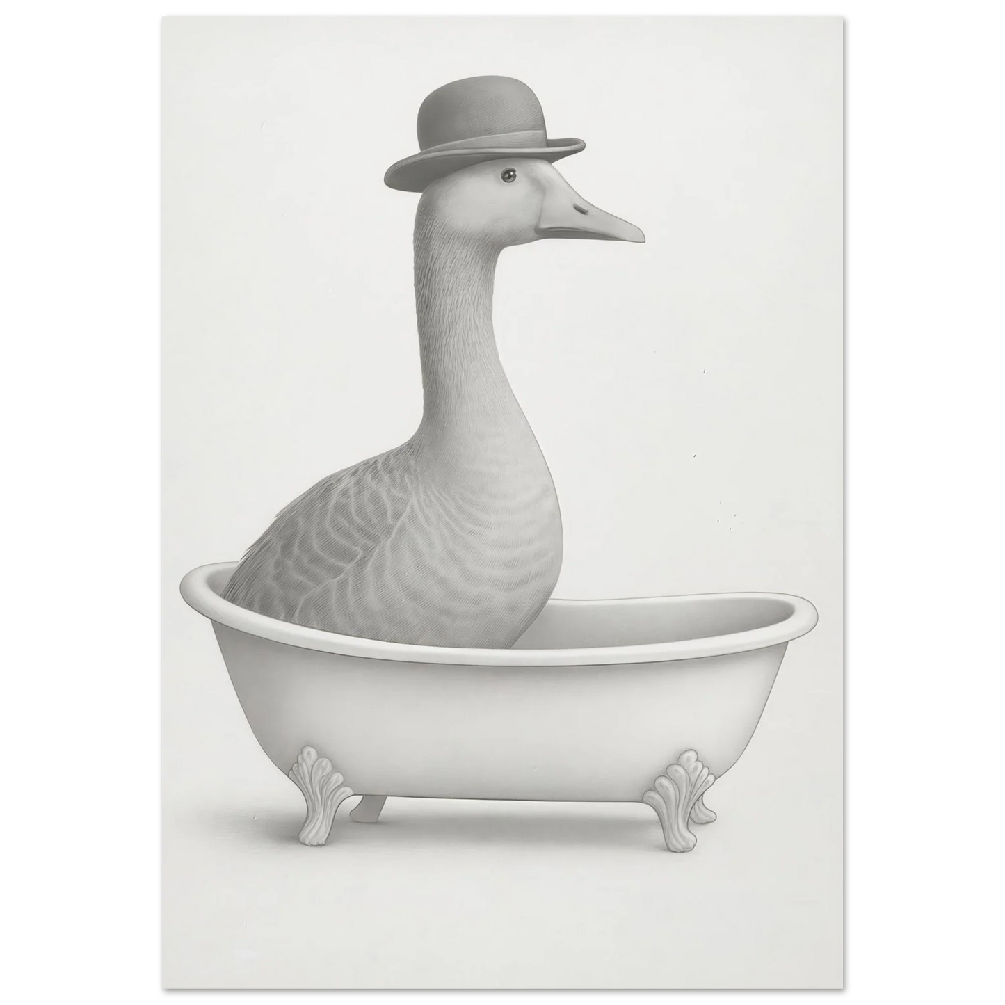Humorous Bowler Hat Duck in Bathtub Art Print – Whimsical, Unique Home Decor