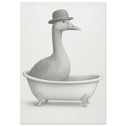 Humorous Bowler Hat Duck in Bathtub Art Print – Whimsical, Unique Home Decor