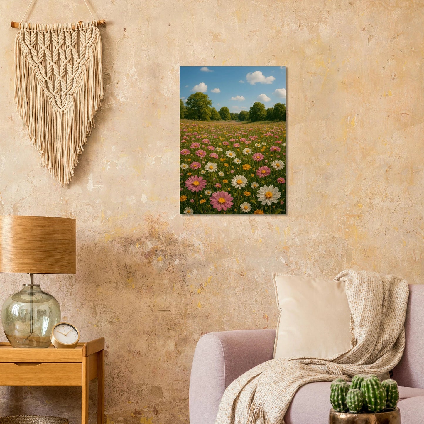 Vibrant Summer Meadow Poster – Pink & White Daisies in Bloom, Multiple Sizes Available