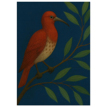 Djur: Vibrant Crimson Bird Art Print on Deep Teal Background, available in multiple sizes