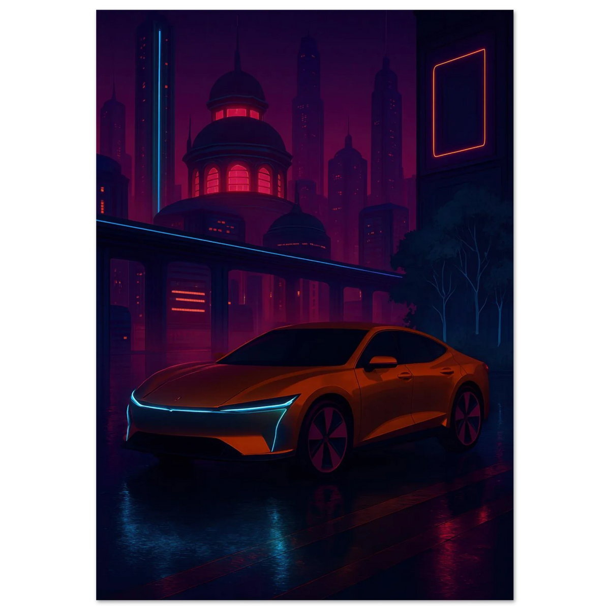Neon Nightdrive: Futuristisk Bil i Cyberpunk Stadsbild Affisch – Konstavtryck med Livfulla Färger